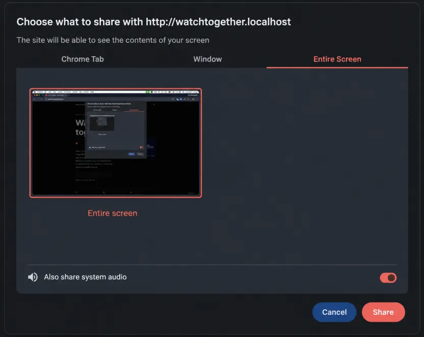 Chrome screen picker with the entire window selected and Share system audio checked, ready to click Share